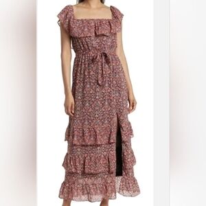 Ruffle trimmed maxi dress with flutter cap sleeves elastic waist with tie. M NWT